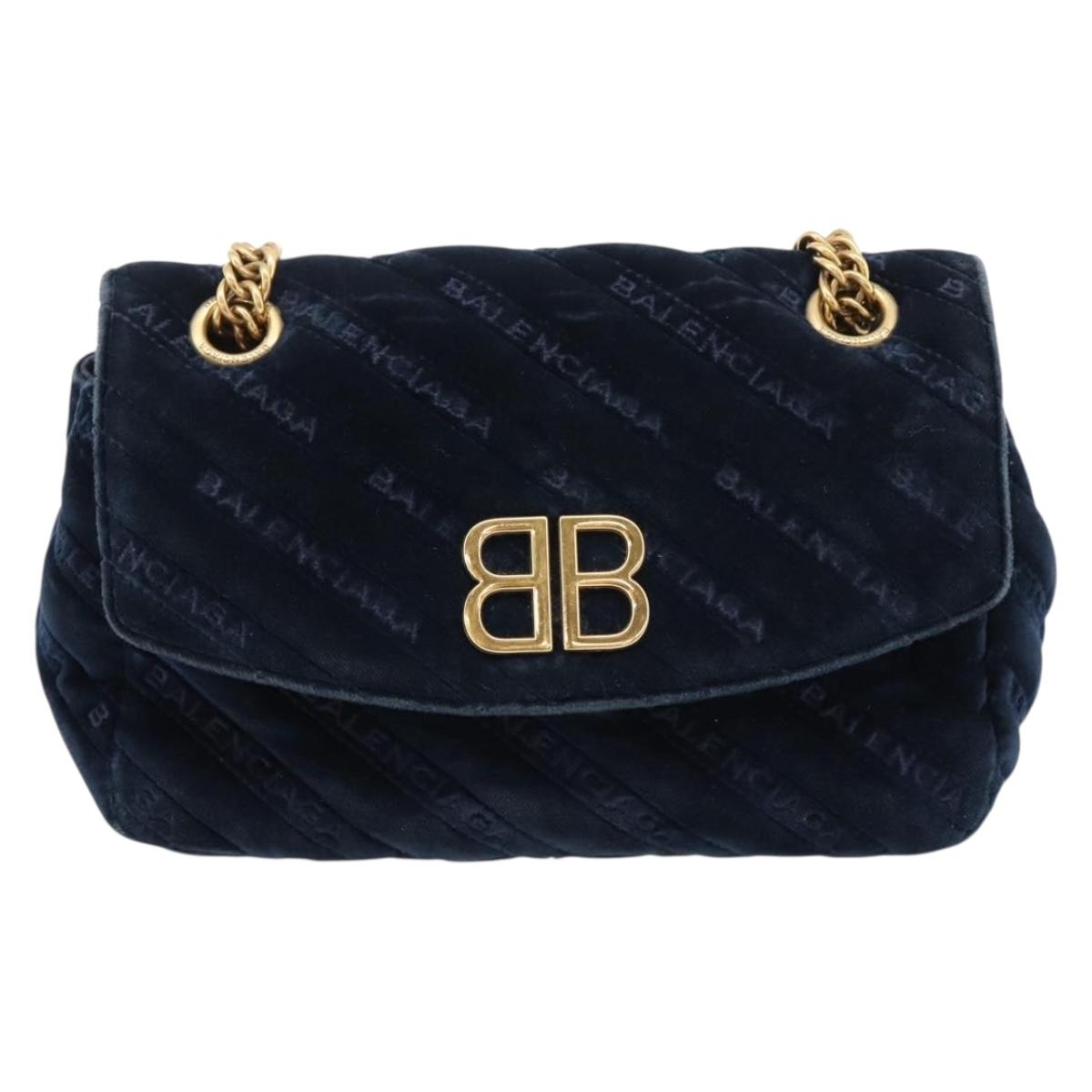Balenciaga BB Round Chain Shoulder Bag Velor Navy Gold Auth 207889M