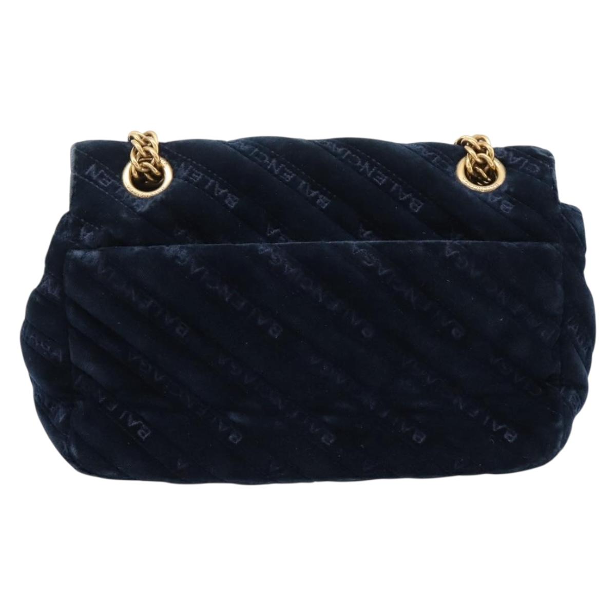 Balenciaga BB Round Chain Shoulder Bag Velor Navy Gold Auth 207889M