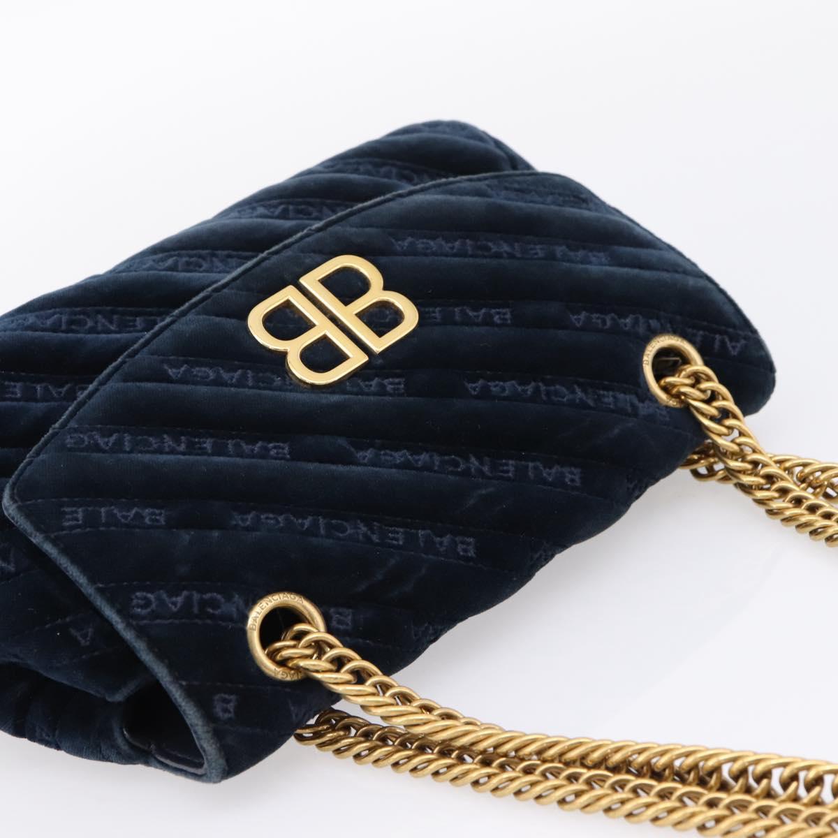 Balenciaga BB Round Chain Shoulder Bag Velor Navy Gold Auth 207889M