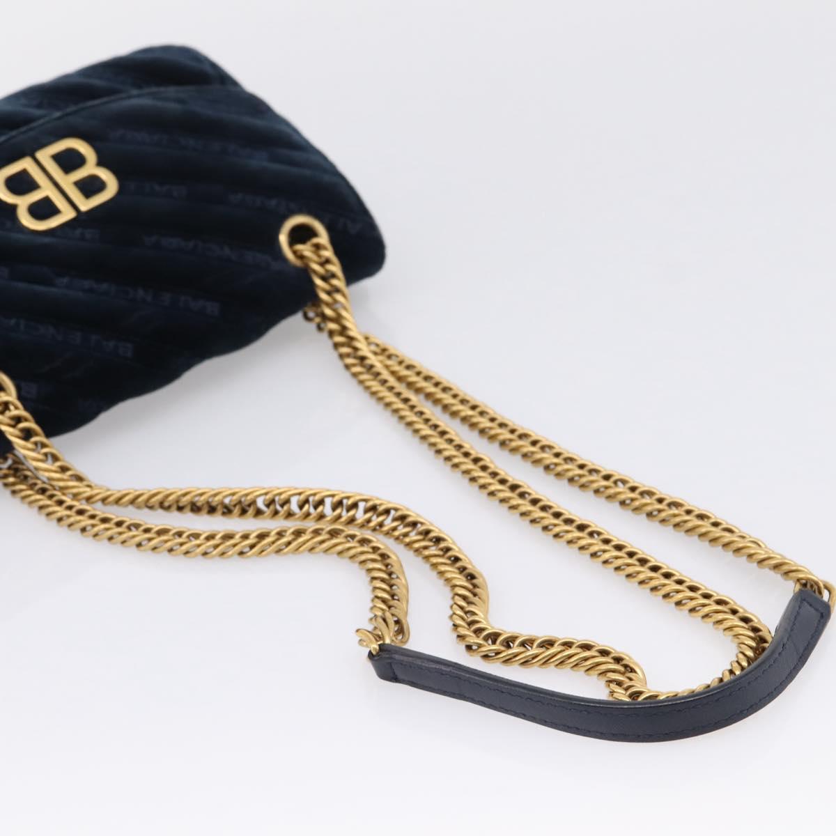 Balenciaga BB Round Chain Shoulder Bag Velor Navy Gold Auth 207889M