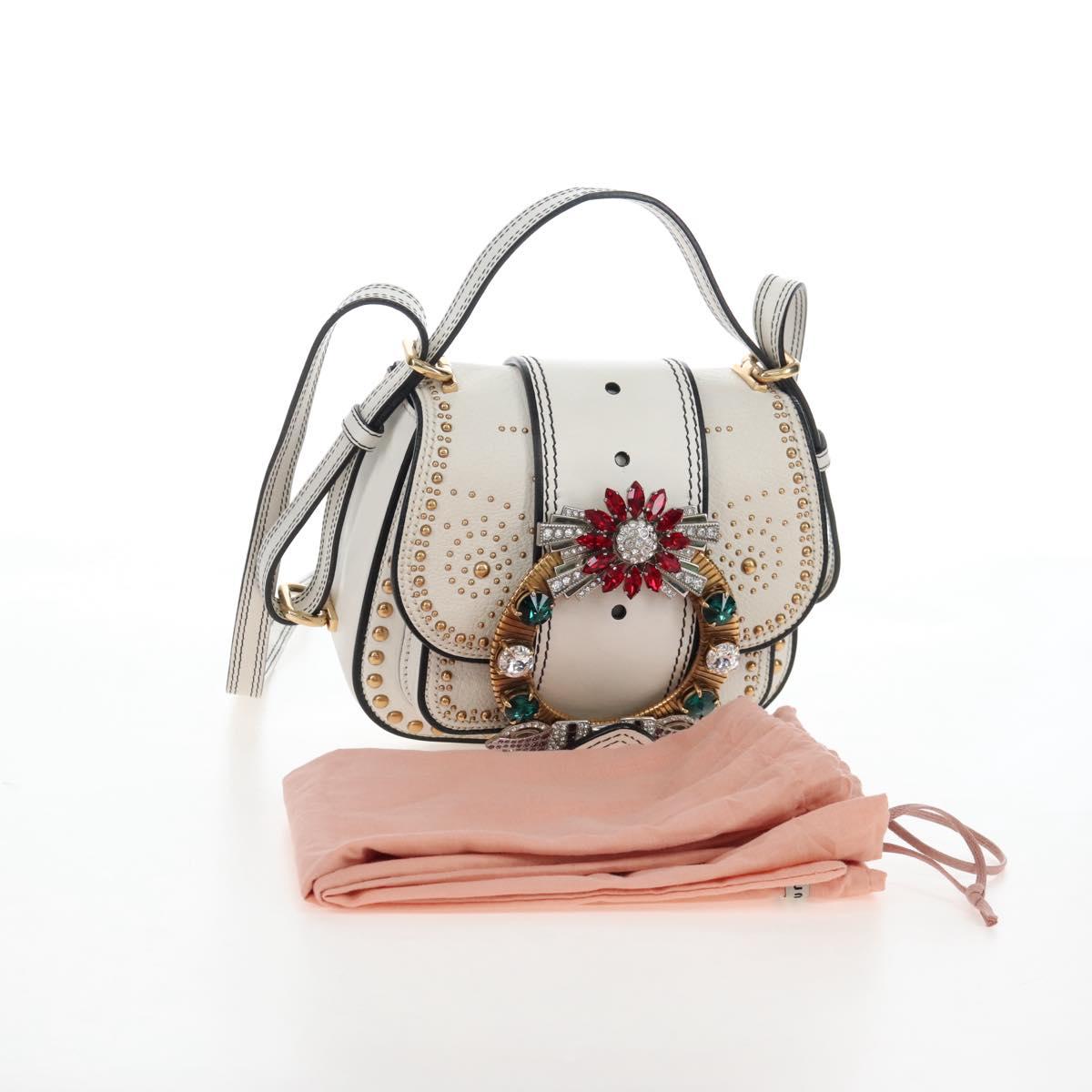 Miu Miu Shoulder Bag Leather White Gold Auth 207918M