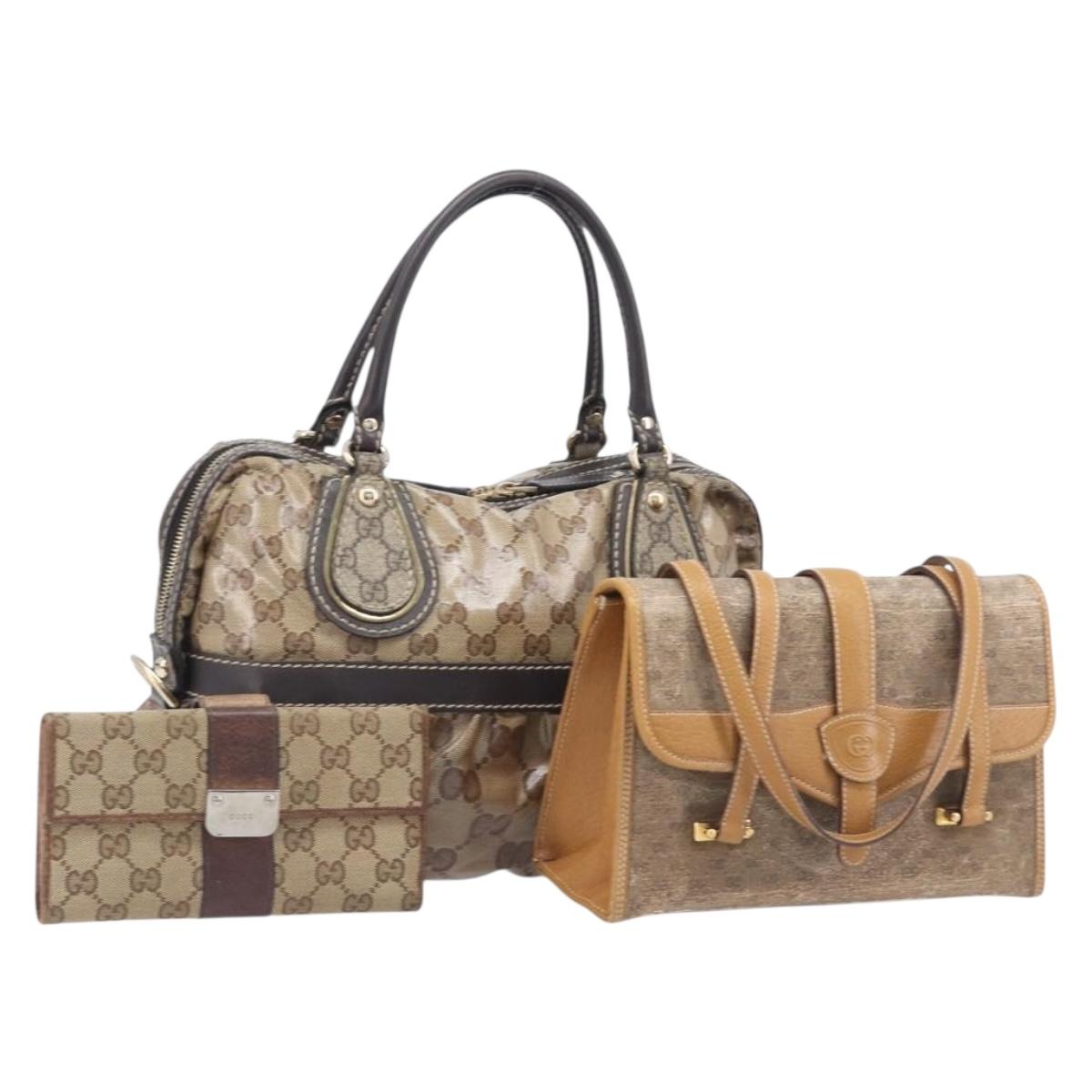 GUCCI GG Wallet Hand Bag 3 Set Beige Gold Tone Auth 207932