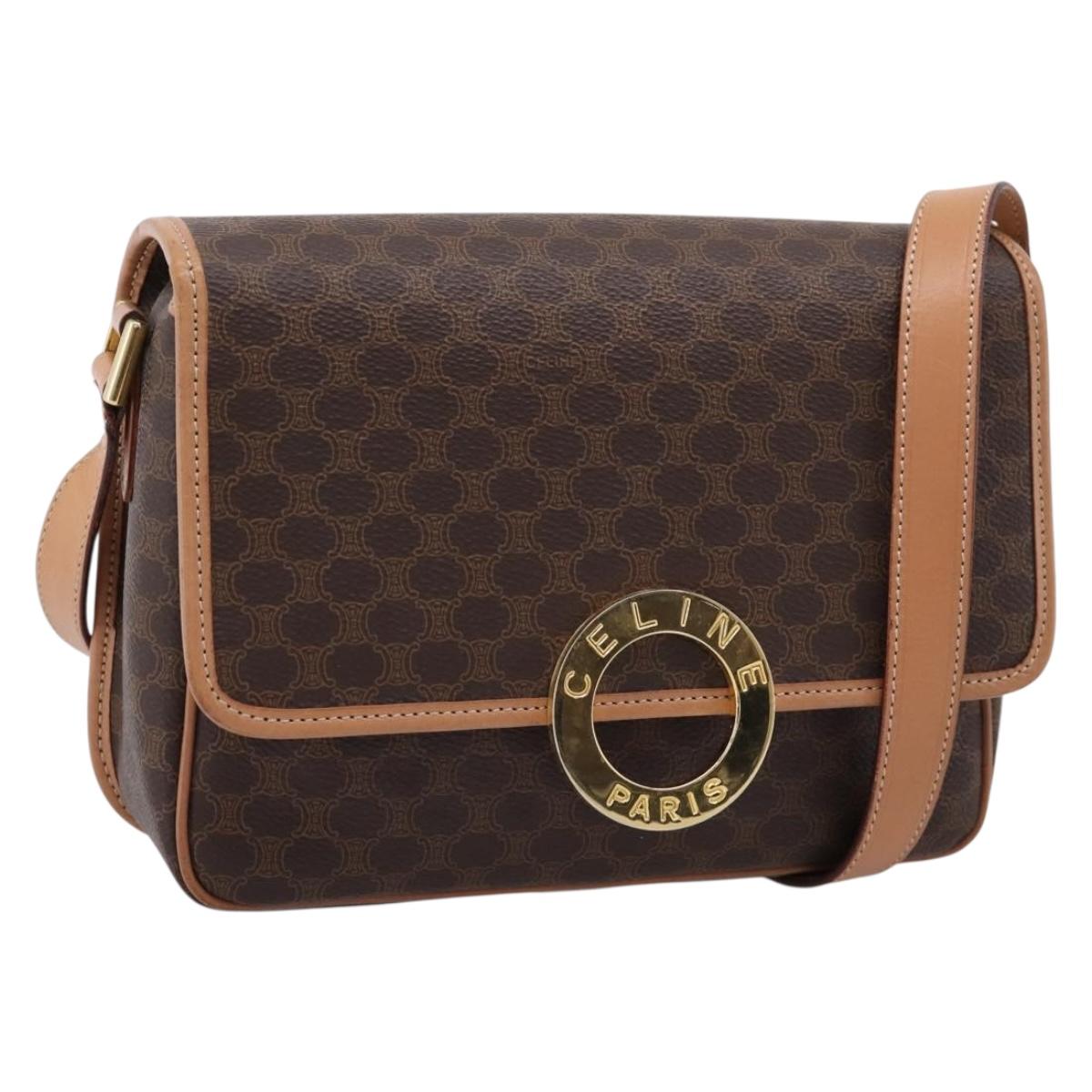 CELINE Macadam Canvas Circle Shoulder Bag PVC Leather Brown Gold Auth 207971A