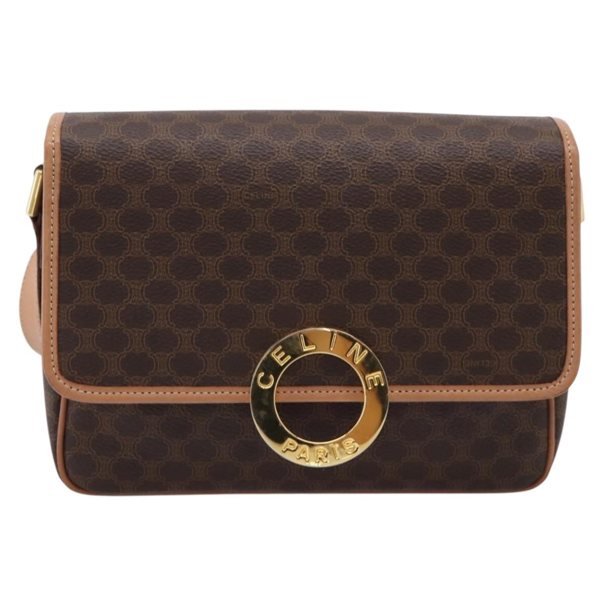 CELINE Macadam Canvas Circle Shoulder Bag PVC Leather Brown Gold Auth 207971A