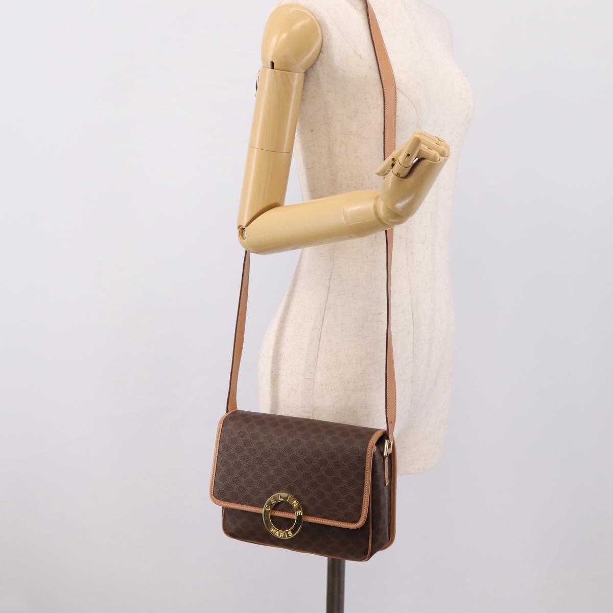 CELINE Macadam Canvas Circle Shoulder Bag PVC Leather Brown Gold Auth 207971A