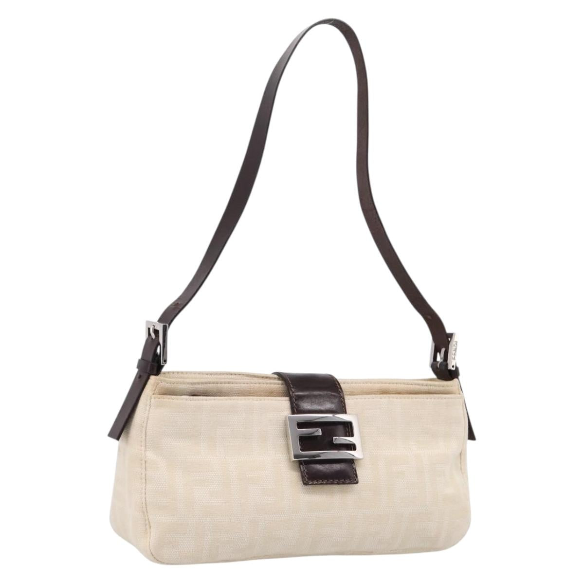 FENDI Zucca Canvas Mamma Baguette Shoulder Bag Ivory Silver Auth 207980A