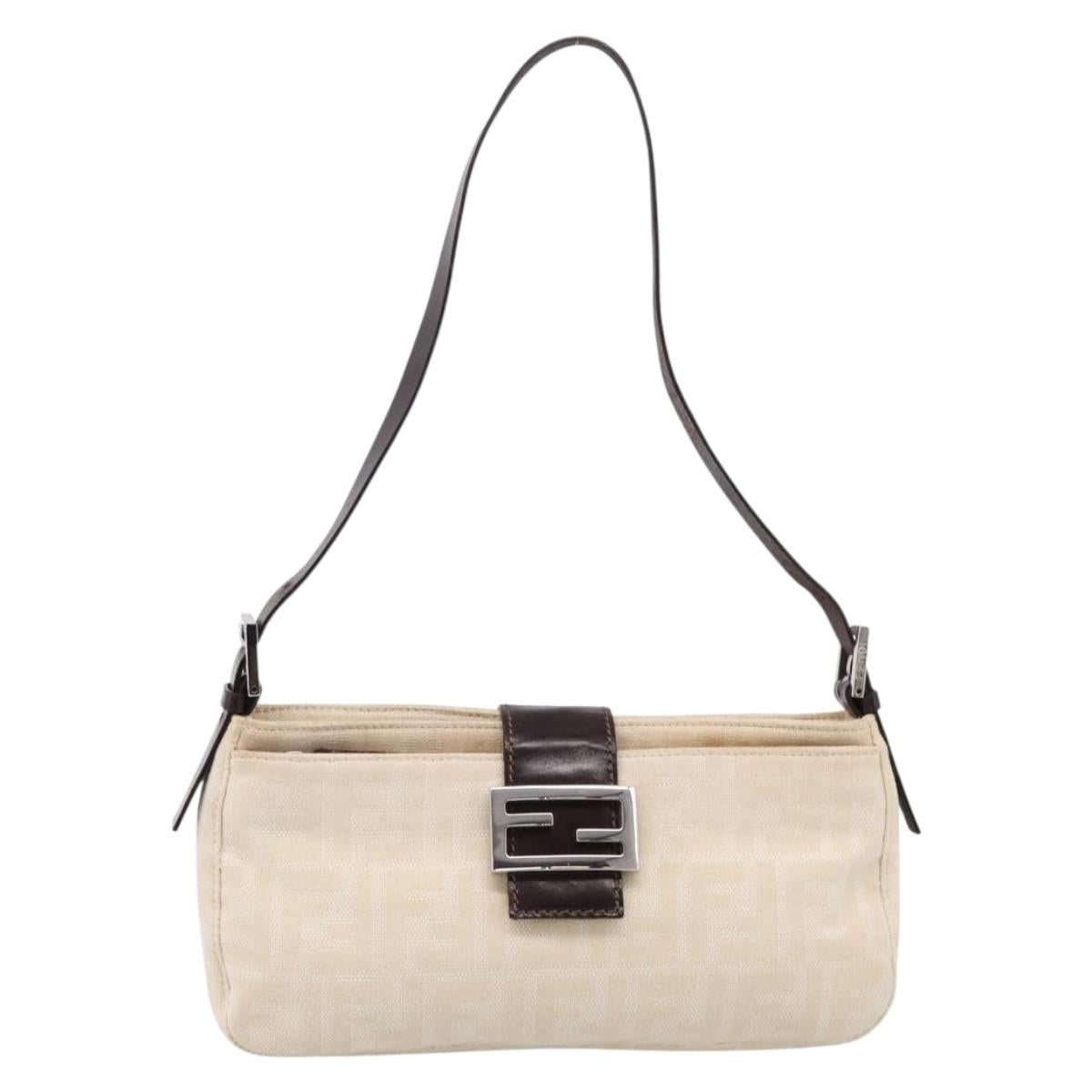 FENDI Zucca Canvas Mamma Baguette Shoulder Bag Ivory Silver Auth 207980A