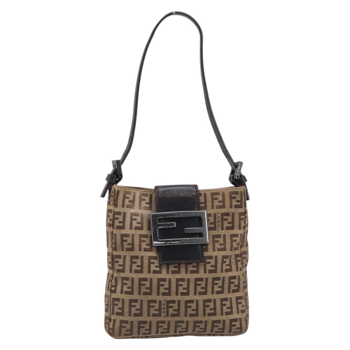 FENDI Zucchino Canvas Mamma Baguette Hand Bag Brown Silver Auth 207982