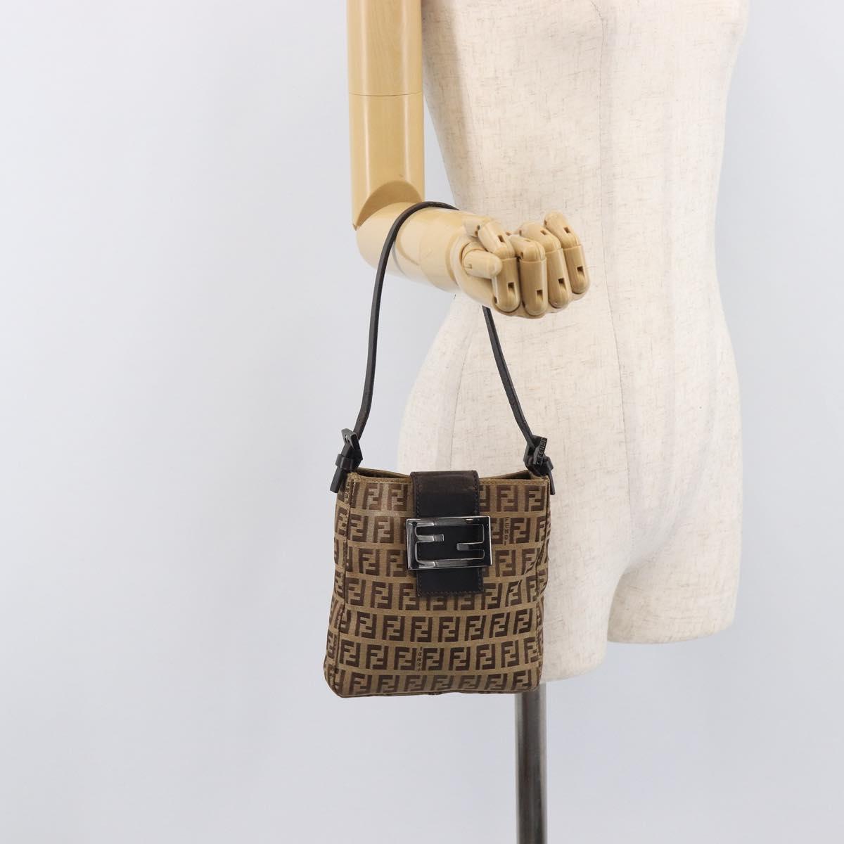 FENDI Zucchino Canvas Mamma Baguette Hand Bag Brown Silver Auth 207982