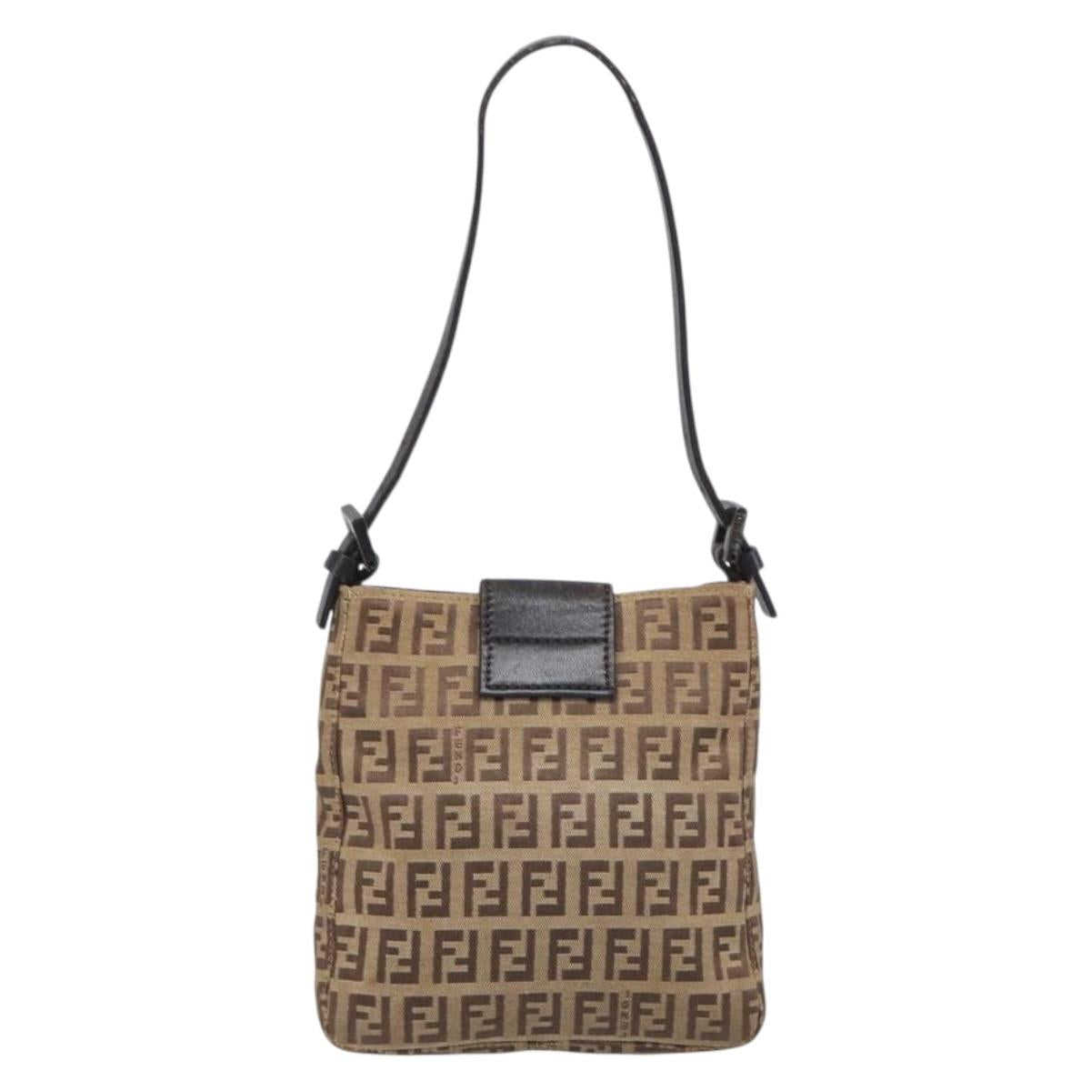 FENDI Zucchino Canvas Mamma Baguette Hand Bag Brown Silver Auth 207982
