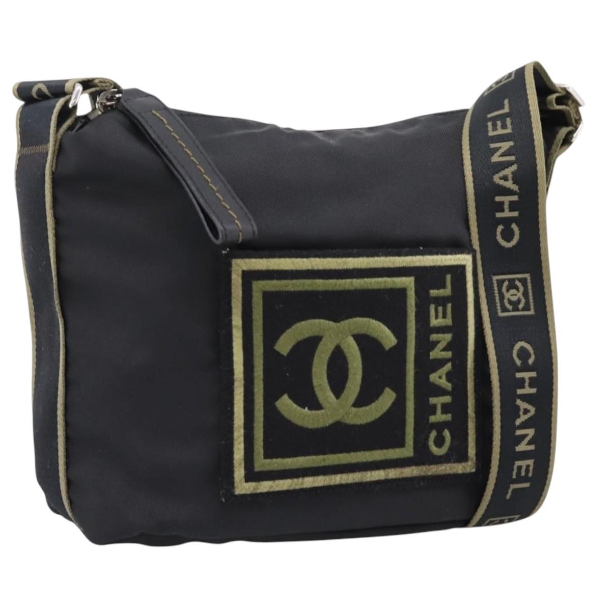 CHANEL Sports Line Shoulder Bag Canvas Black Silver CC Auth 207983