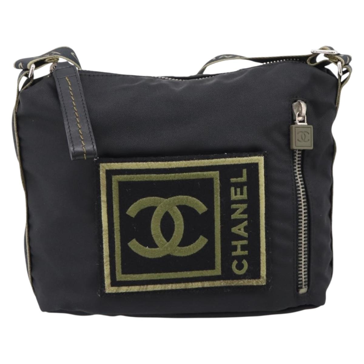 CHANEL Sports Line Shoulder Bag Canvas Black Silver CC Auth 207983