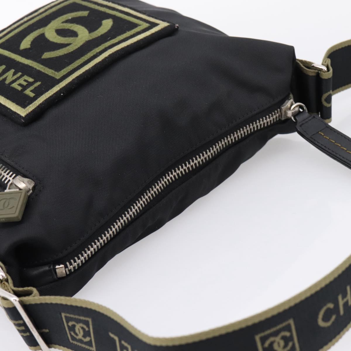 CHANEL Sports Line Shoulder Bag Canvas Black Silver CC Auth 207983