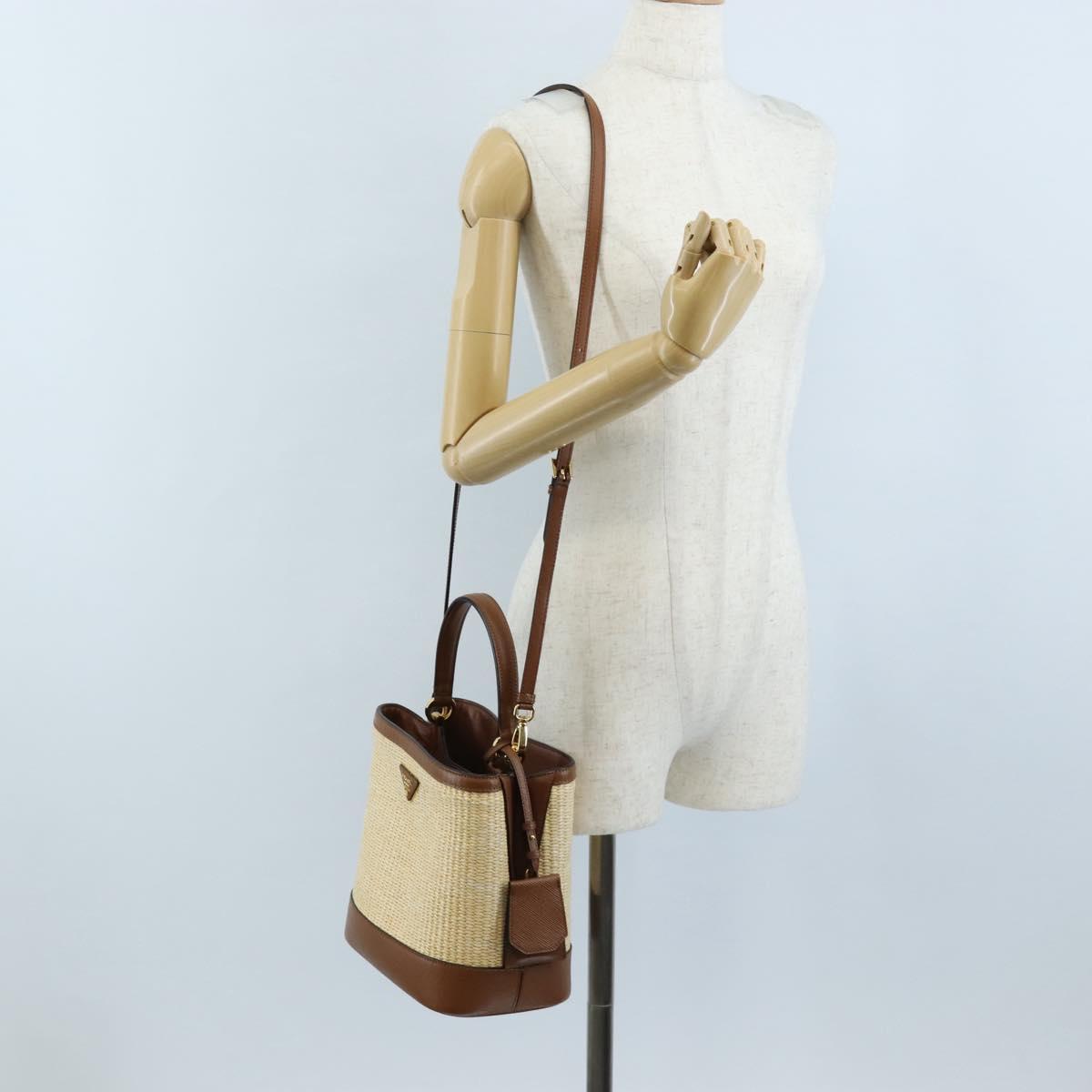 PRADA Panniers Hand Bag Raffia 2way Beige Gold Auth 208006M