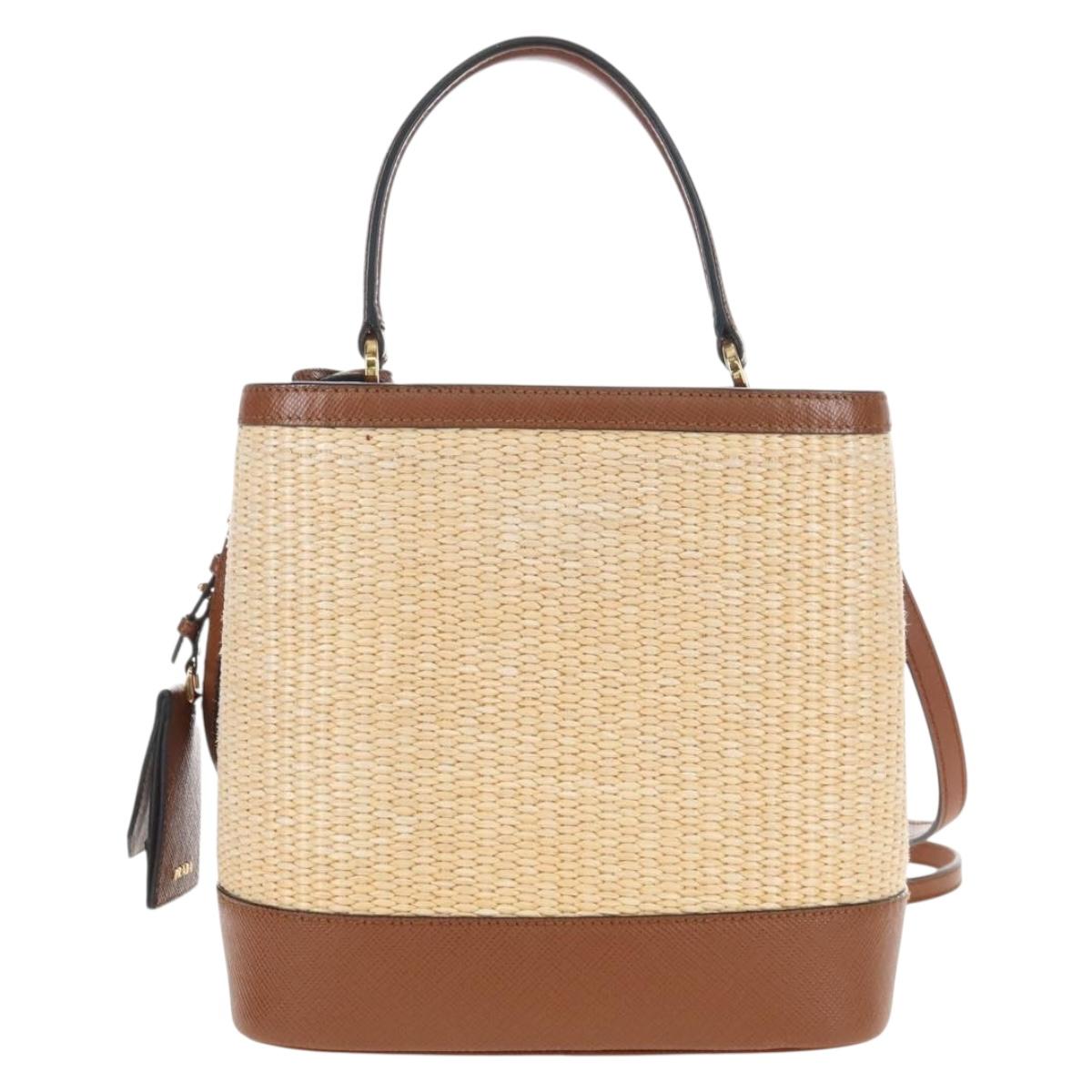 PRADA Panniers Hand Bag Raffia 2way Beige Gold Auth 208006M