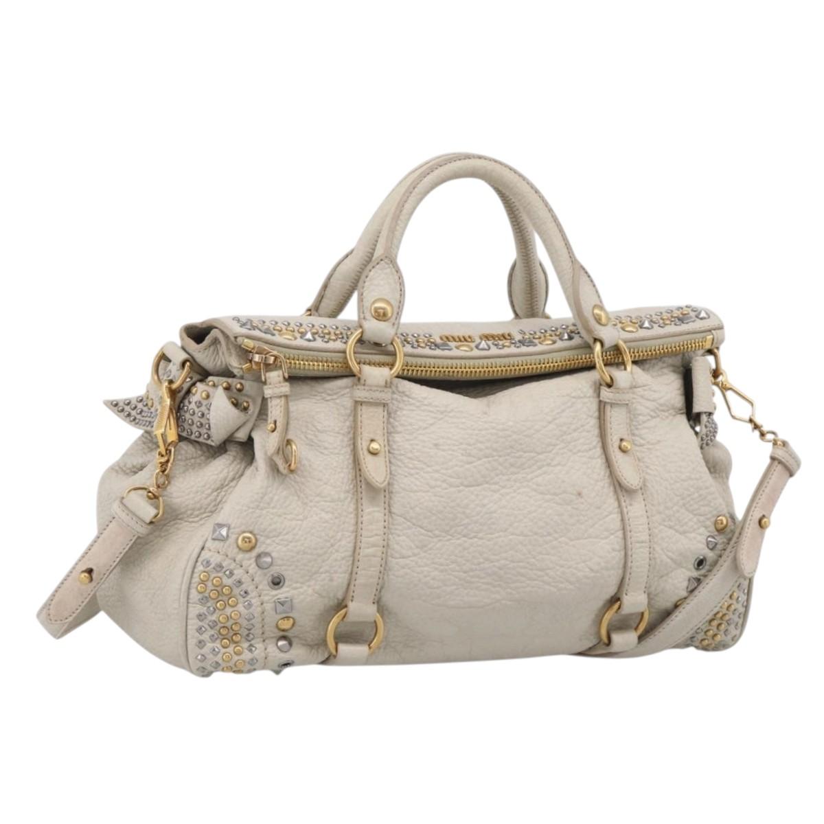 Miu Miu Hand Bag Leather 2way Ivory Gold Auth 208020A