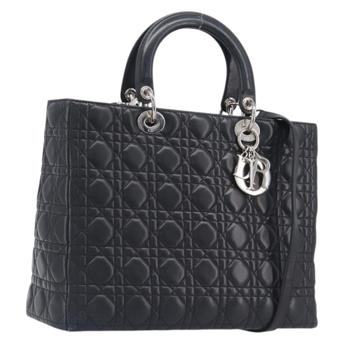 Christian Dior Canage Lady Dior Large Bag Lamb Skin 2way Black Auth 208025V