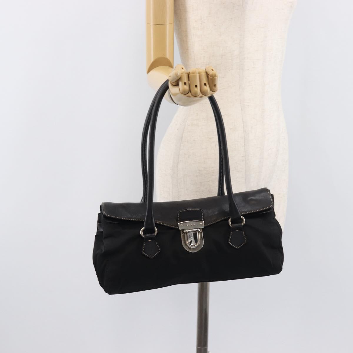 PRADA Tote Bag Nylon Leather Black Silver Auth 208028