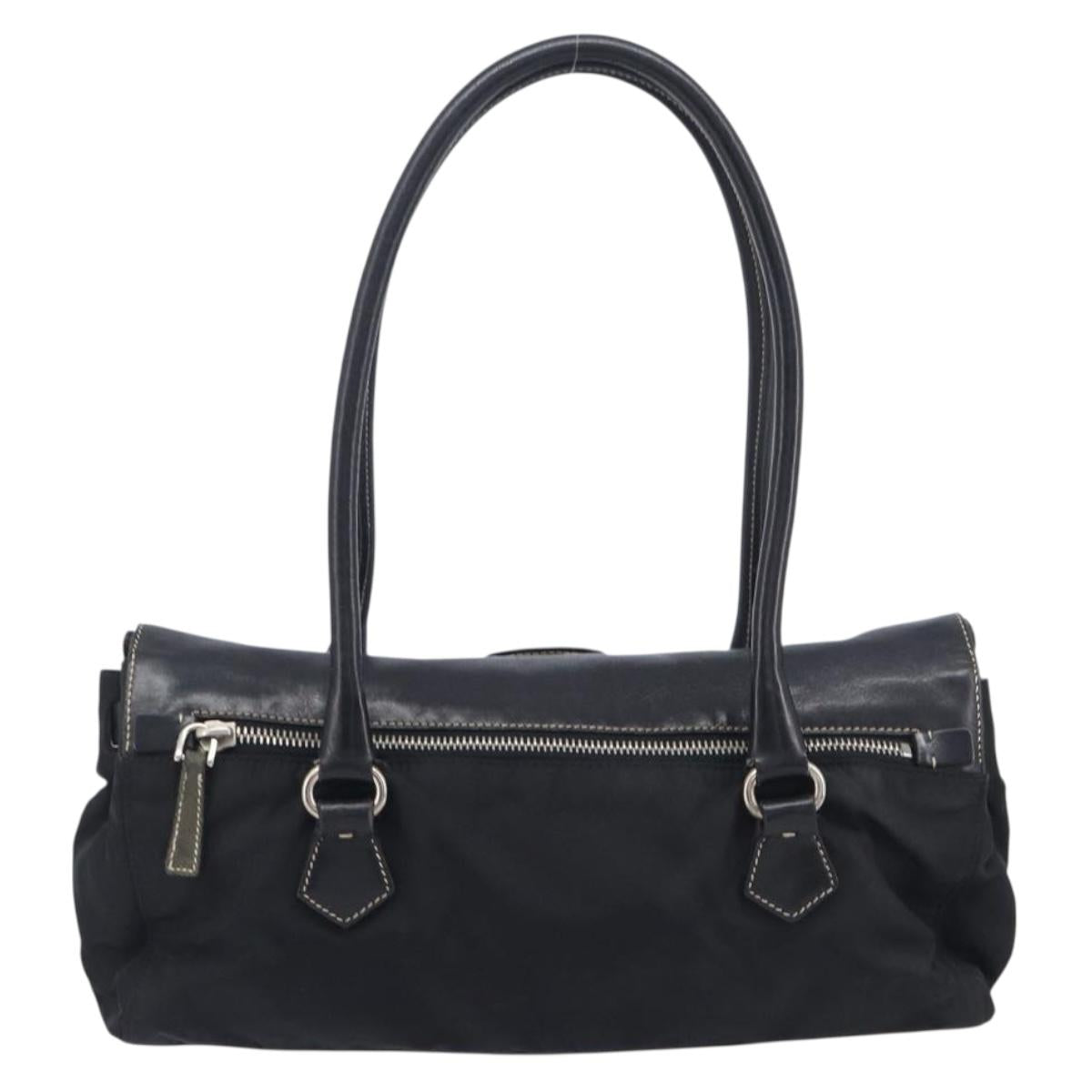 PRADA Tote Bag Nylon Leather Black Silver Auth 208028