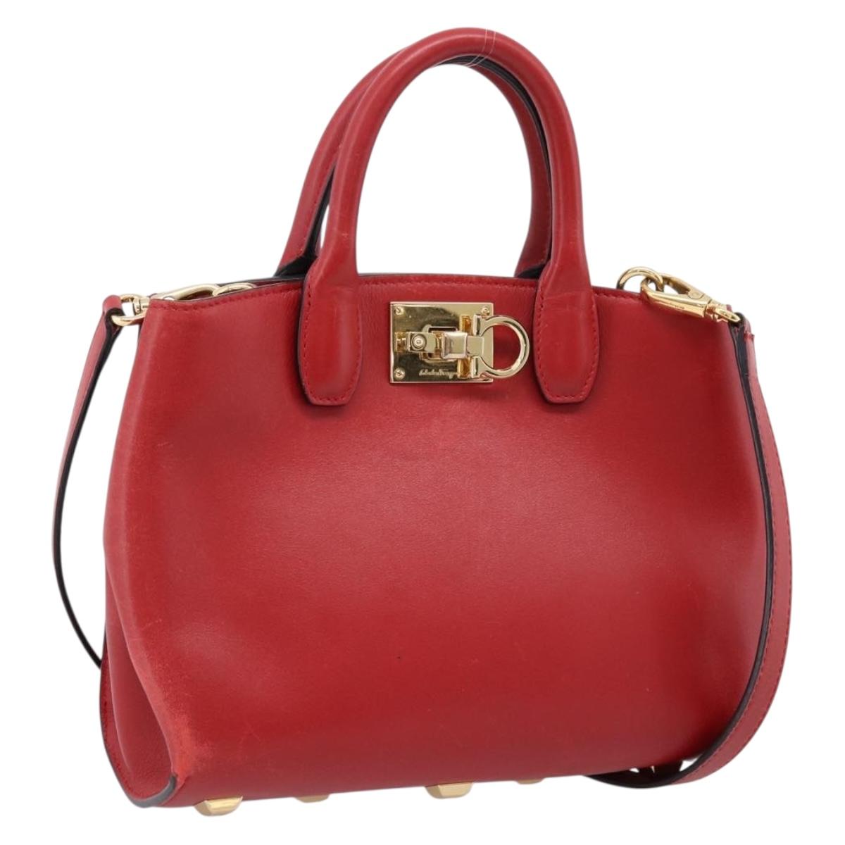 Salvatore Ferragamo Gancini Studio Bag Leather 2way Red Gold Auth 208047A
