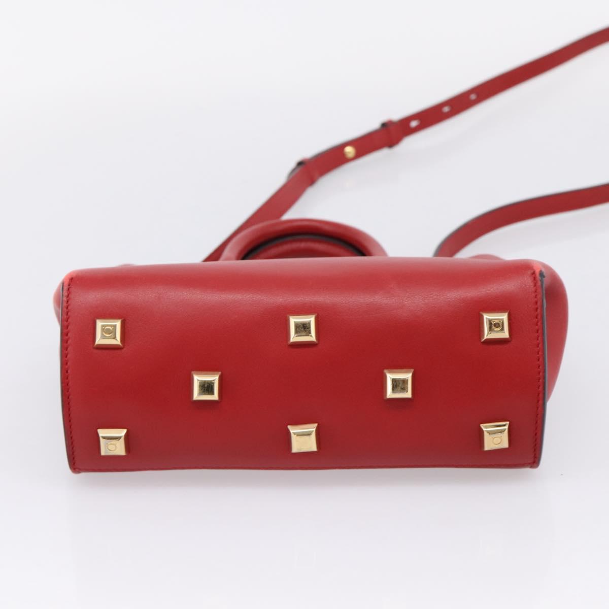 Salvatore Ferragamo Gancini Studio Bag Leather 2way Red Gold Auth 208047A