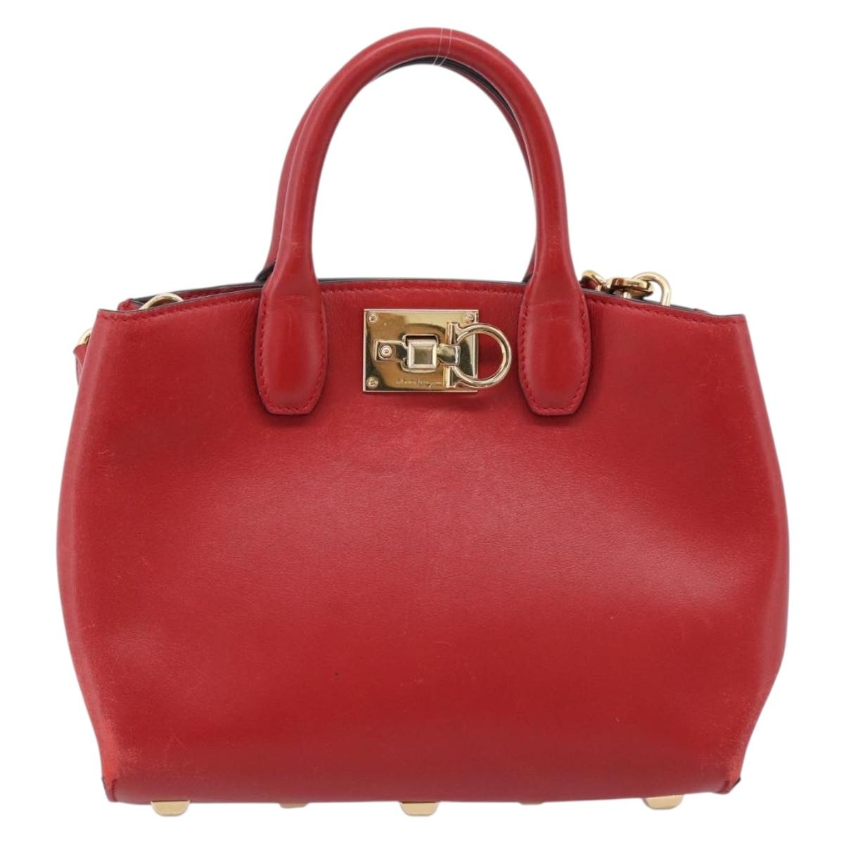 Salvatore Ferragamo Gancini Studio Bag Leather 2way Red Gold Auth 208047A