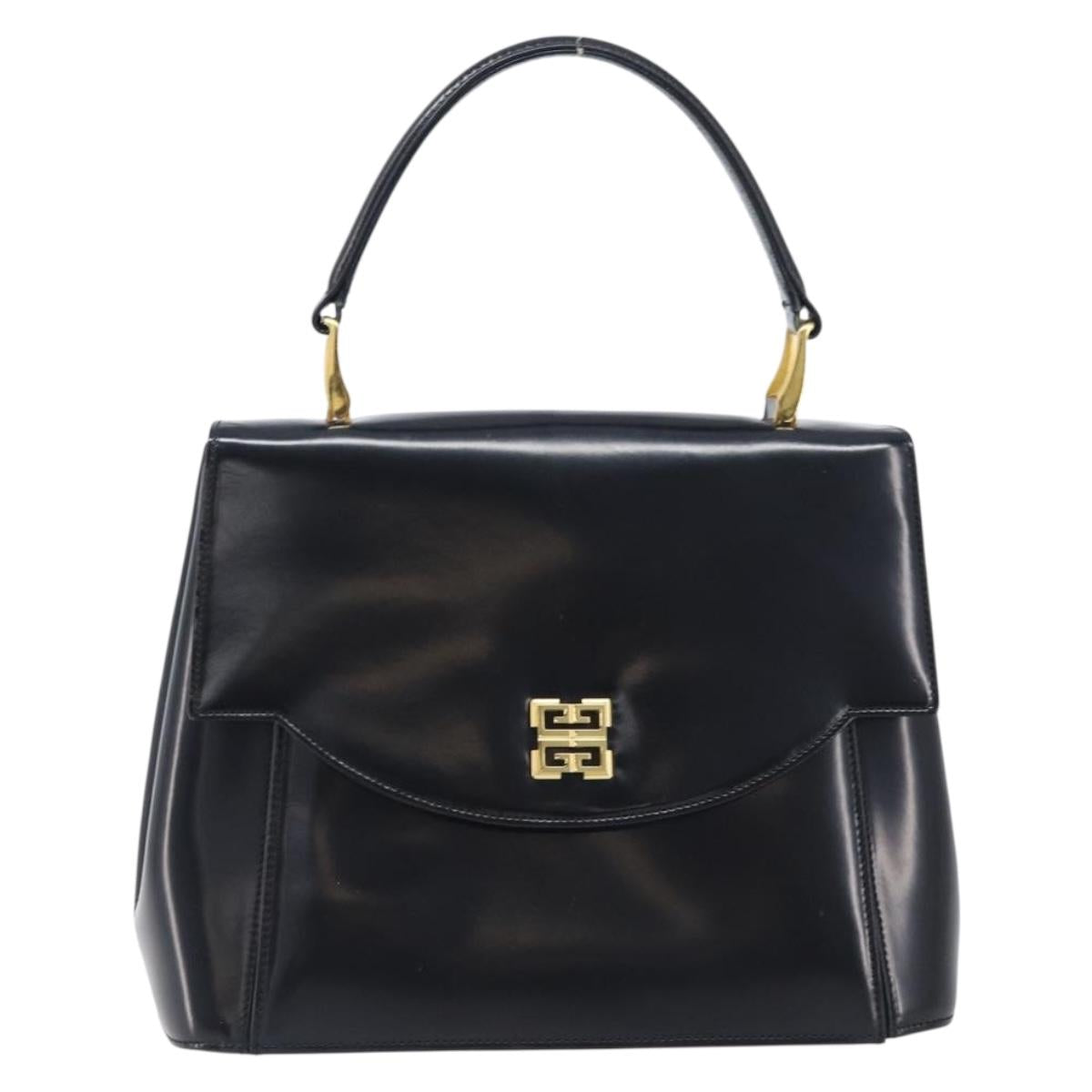 GIVENCHY Hand Bag Leather Black Gold Tone Auth 208062