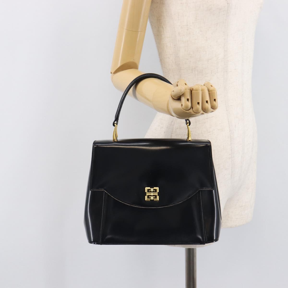 GIVENCHY Hand Bag Leather Black Gold Tone Auth 208062