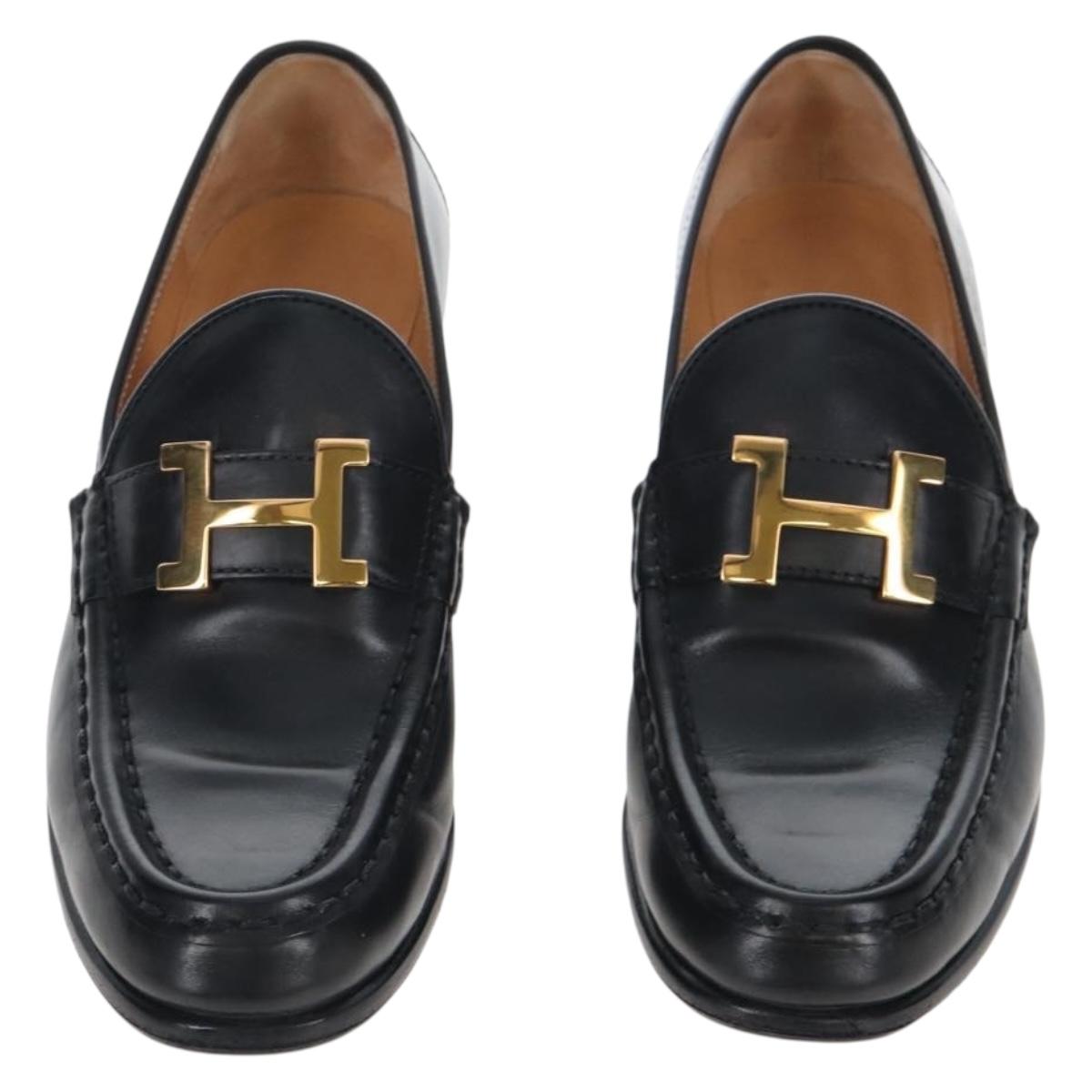 HERMES Moccasin Constance loafers Leather "35 1/2" Black Gold Tone Auth 208074V