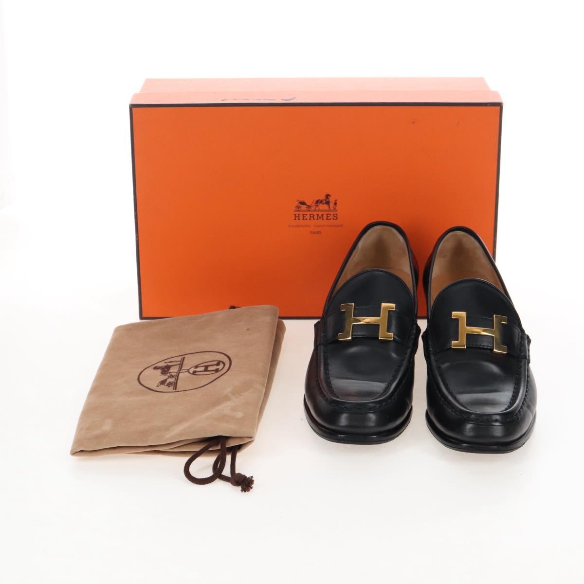 HERMES Moccasin Constance loafers Leather "35 1/2" Black Gold Tone Auth 208074V