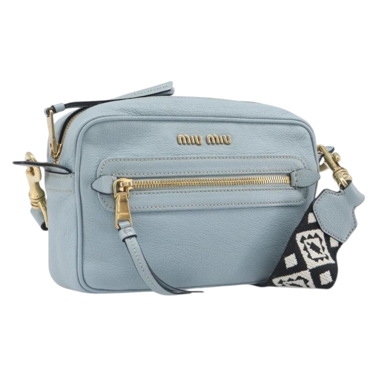 Miu Miu Madras Shoulder Bag Leather Light Blue Gold Tone Auth 208156V
