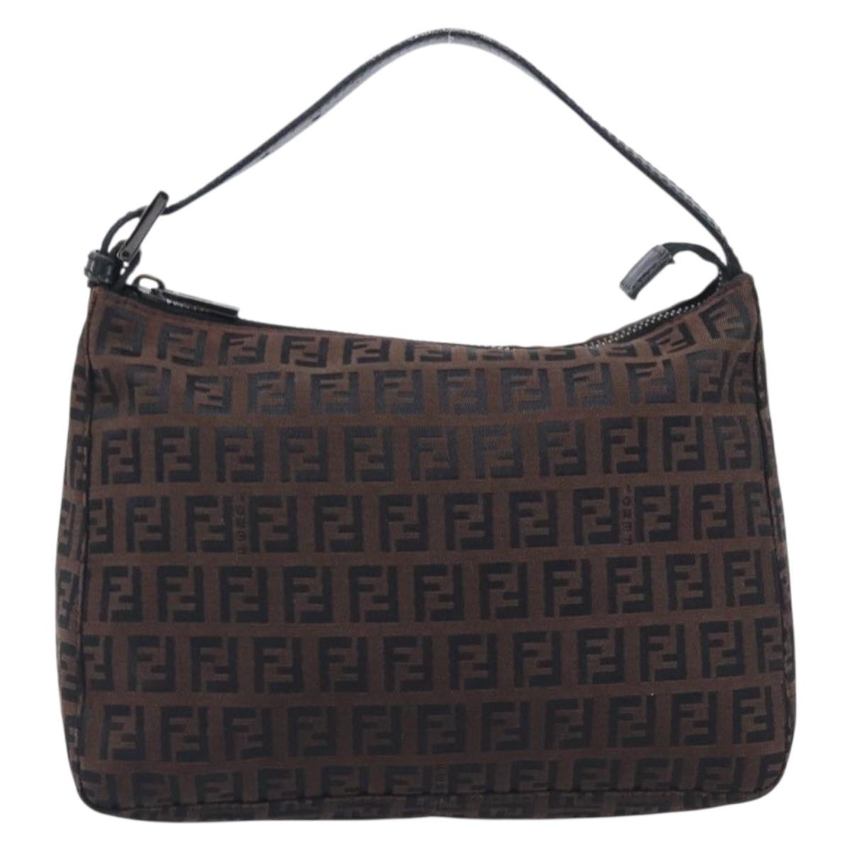 FENDI Zucchino Canvas Hand Bag Brown Silver 8N0005 Auth 208162