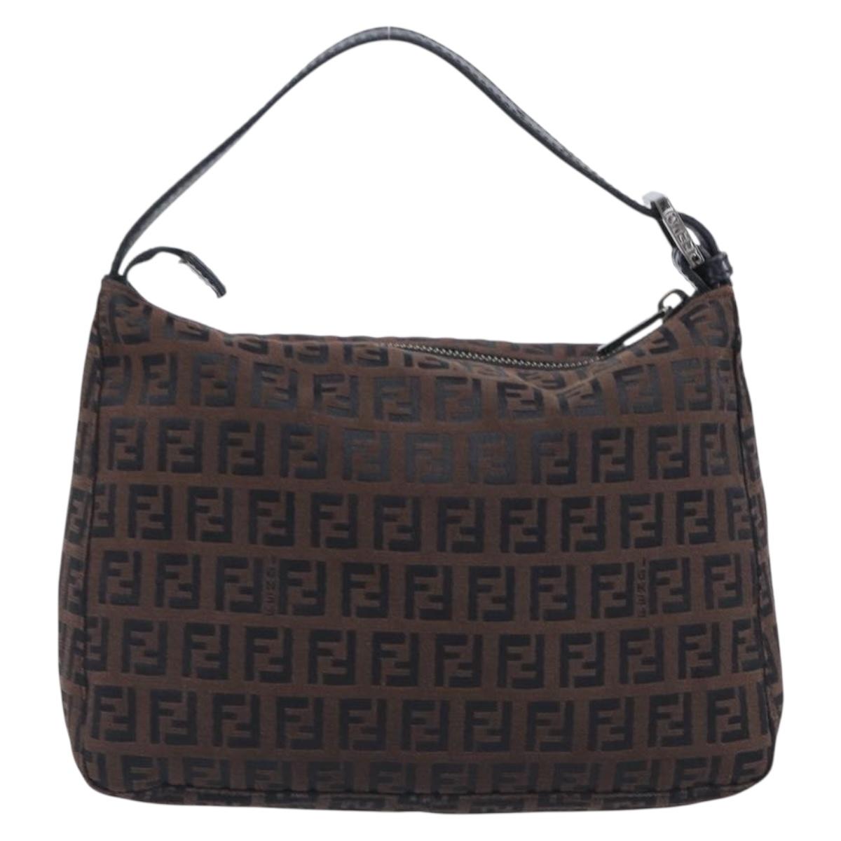 FENDI Zucchino Canvas Hand Bag Brown Silver 8N0005 Auth 208162