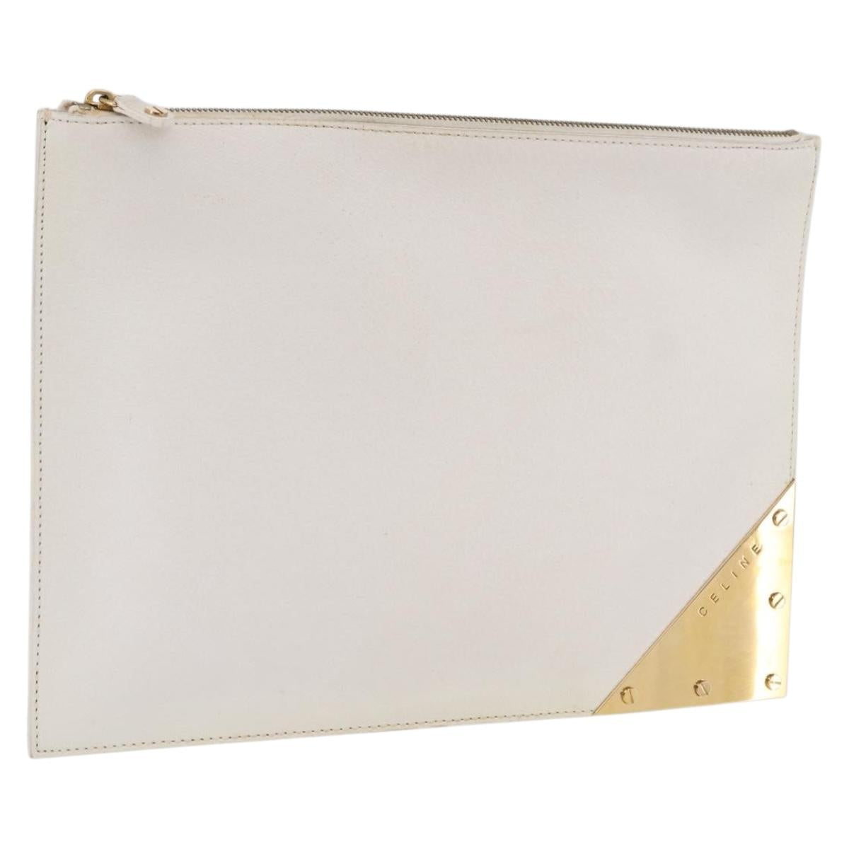 CELINE Clutch Bag Leather White Gold Tone Auth 208173