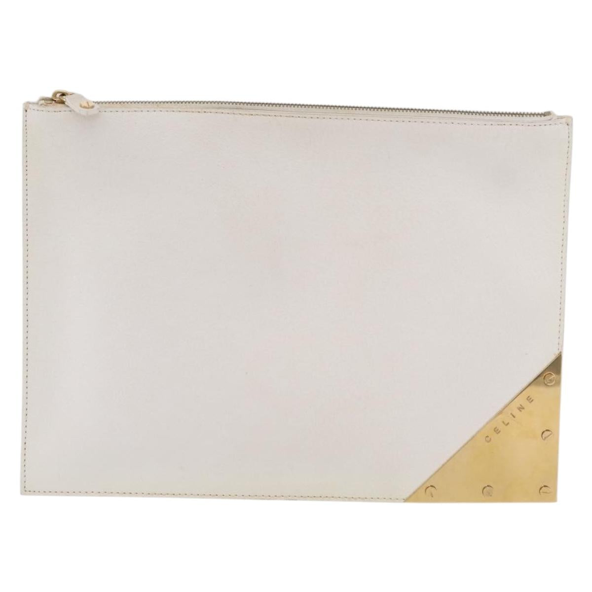 CELINE Clutch Bag Leather White Gold Tone Auth 208173