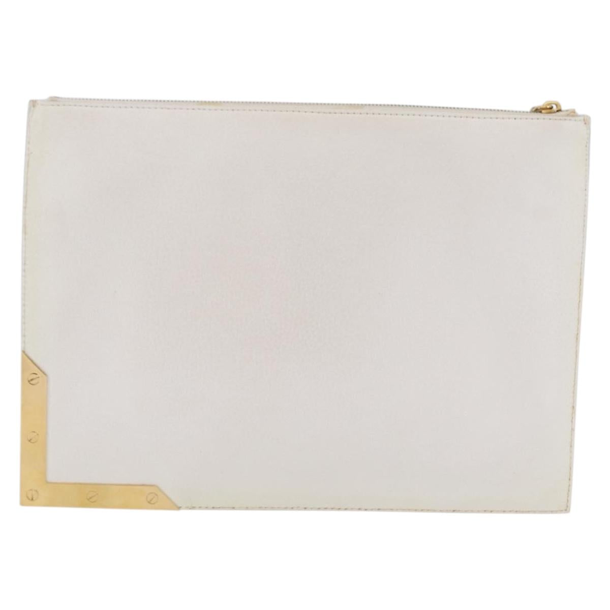 CELINE Clutch Bag Leather White Gold Tone Auth 208173