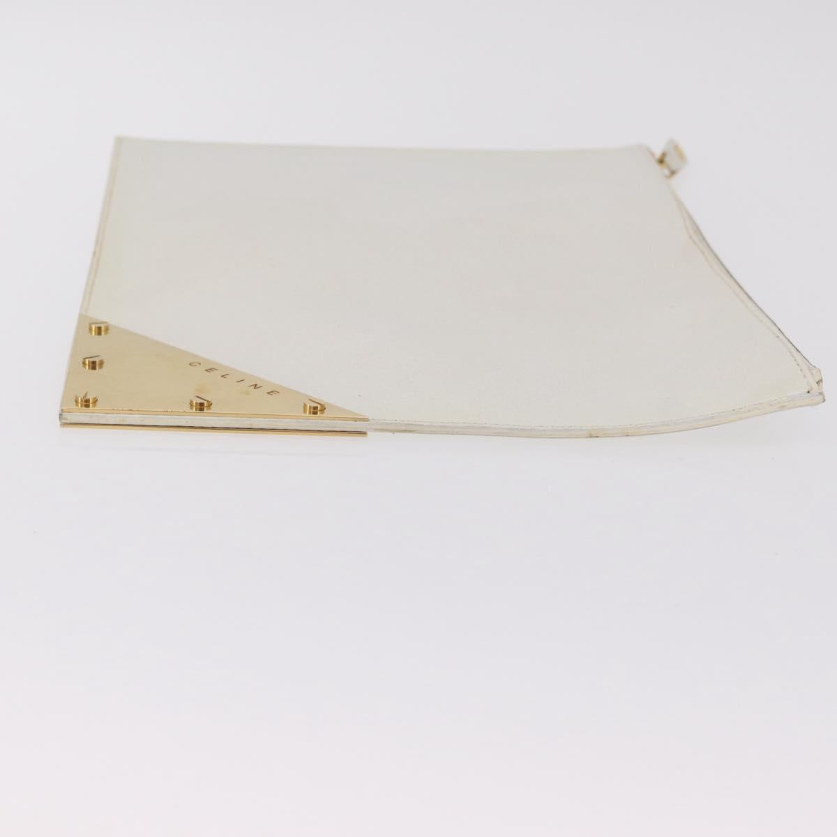 CELINE Clutch Bag Leather White Gold Tone Auth 208173