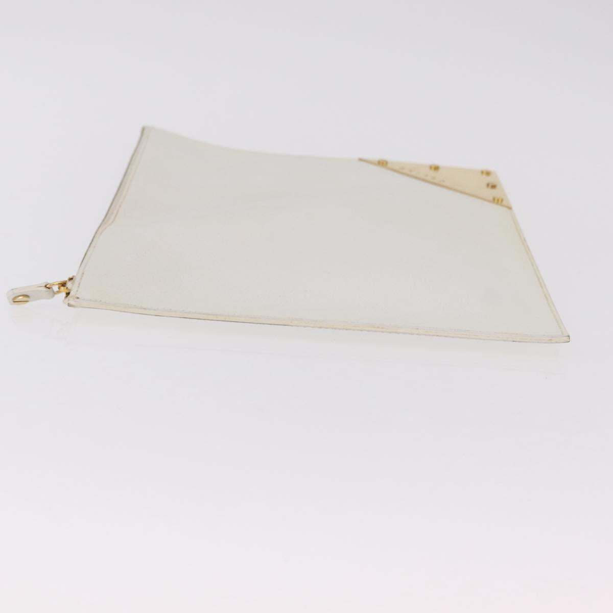 CELINE Clutch Bag Leather White Gold Tone Auth 208173
