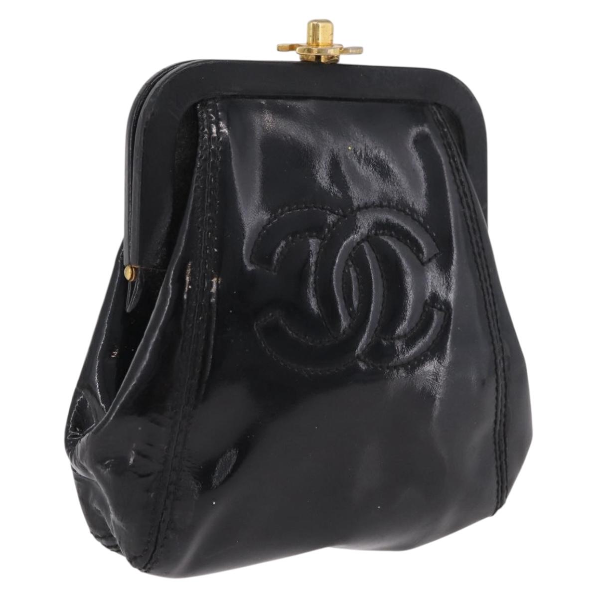 CHANEL Coin Purse Patent leather Black Gold CC Auth 208204