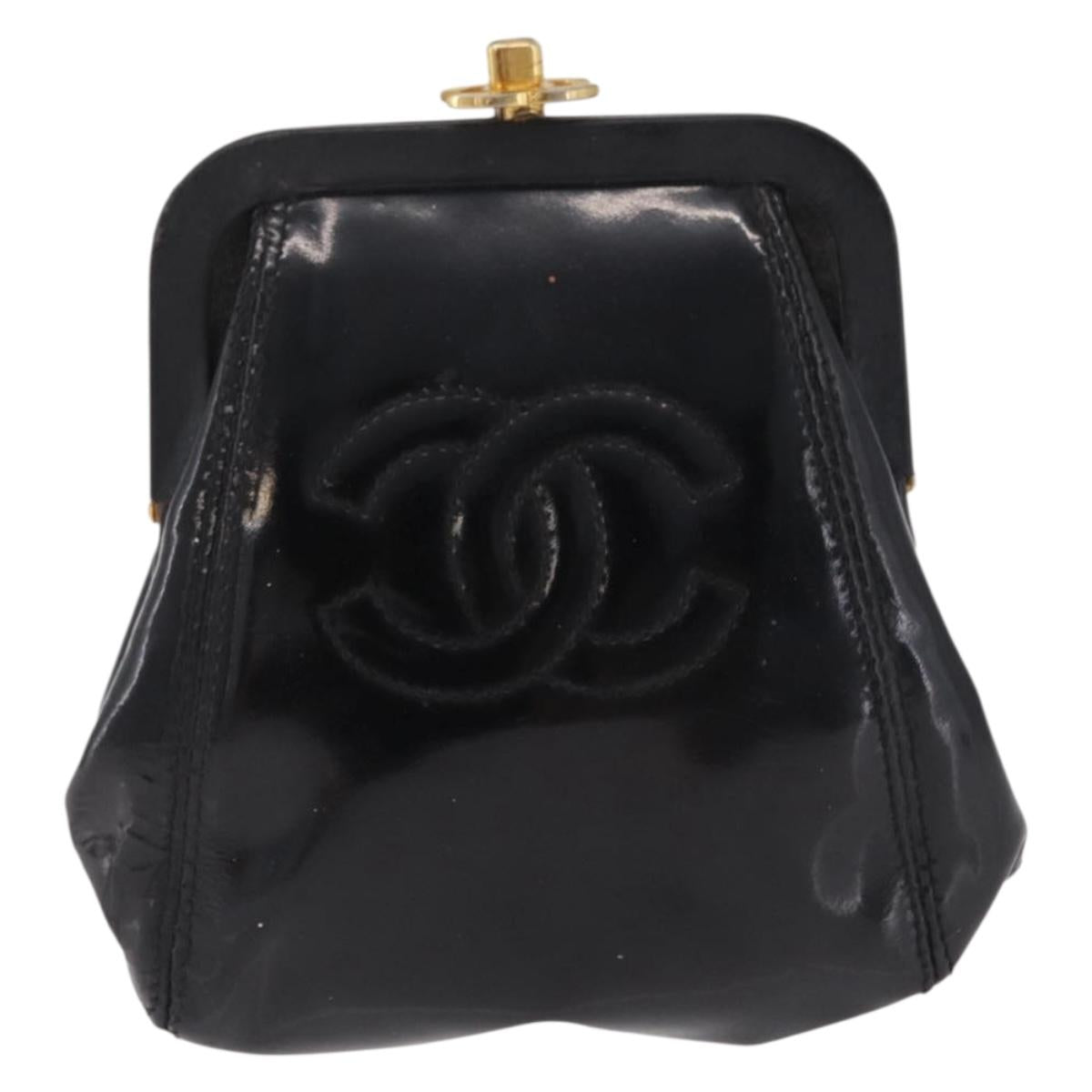CHANEL Coin Purse Patent leather Black Gold CC Auth 208204