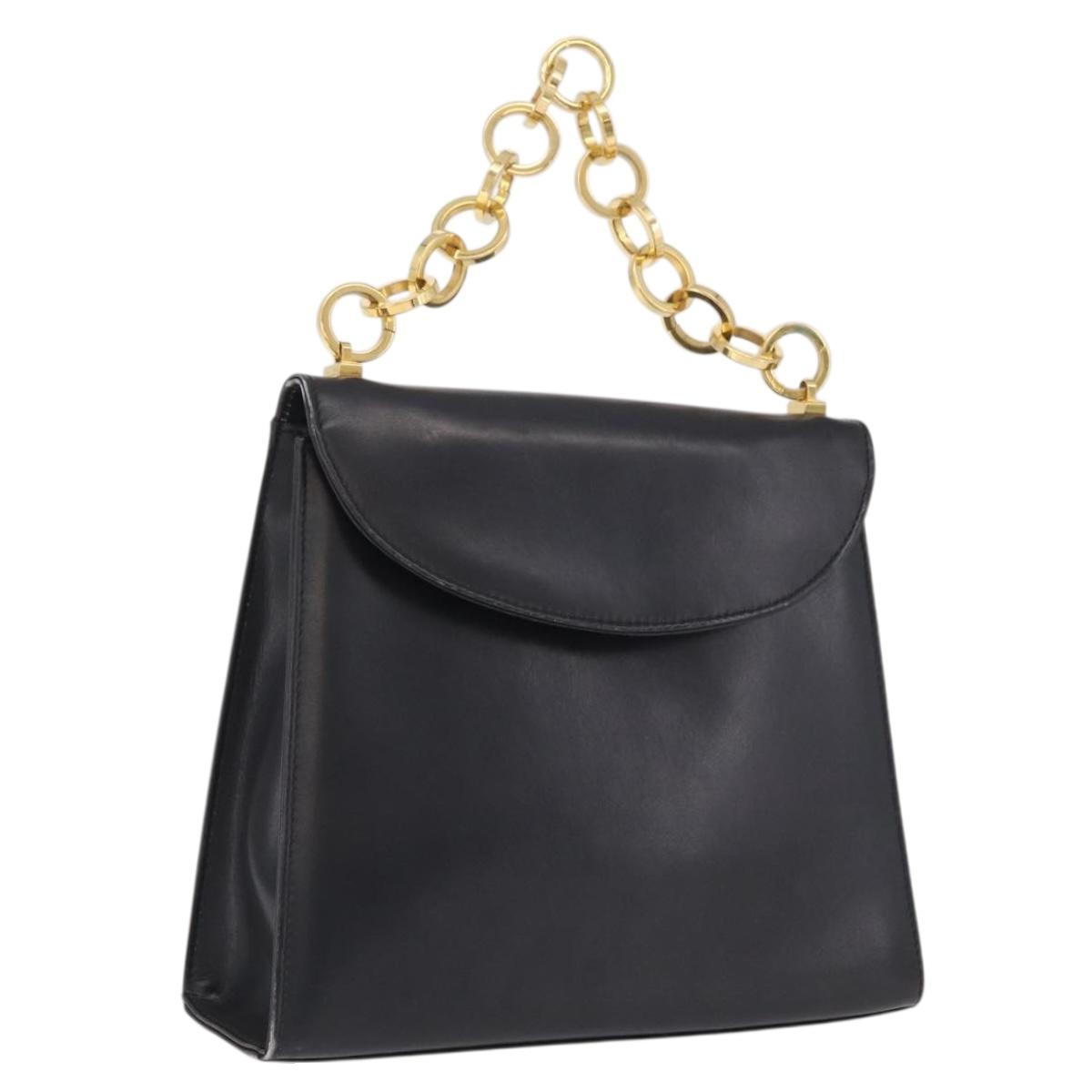 Salvatore Ferragamo Chain Hand Bag Leather Black Gold Auth 208207A