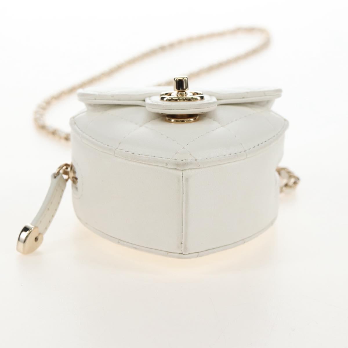 CHANEL Matelasse Chain Shoulder Pouch Lamb Skin White Gold CC Auth 208209M