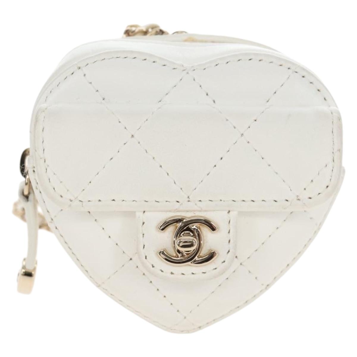 CHANEL Matelasse Chain Shoulder Pouch Lamb Skin White Gold CC Auth 208209M