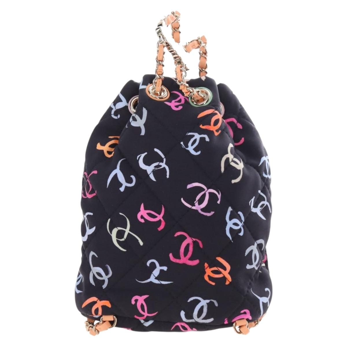 CHANEL Matelasse Chain Backpack Cotton Navy Gold CC Auth 208212SM