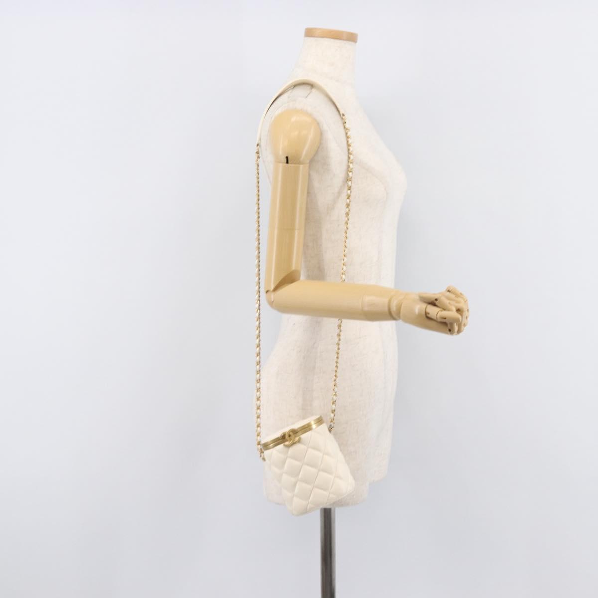 CHANEL Matelasse Chain Vanity Shoulder Bag Lamb Skin Ivory Gold CC Auth 208213M