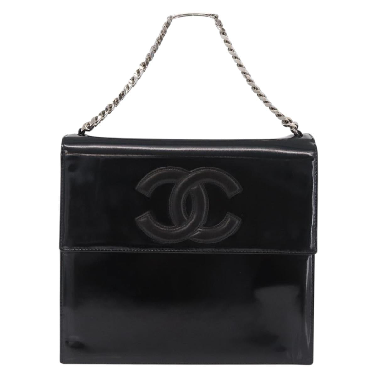 CHANEL Chain Hand Bag Patent leather Black Silver CC Auth 208219A