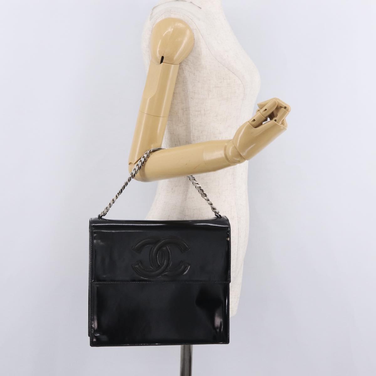 CHANEL Chain Hand Bag Patent leather Black Silver CC Auth 208219A