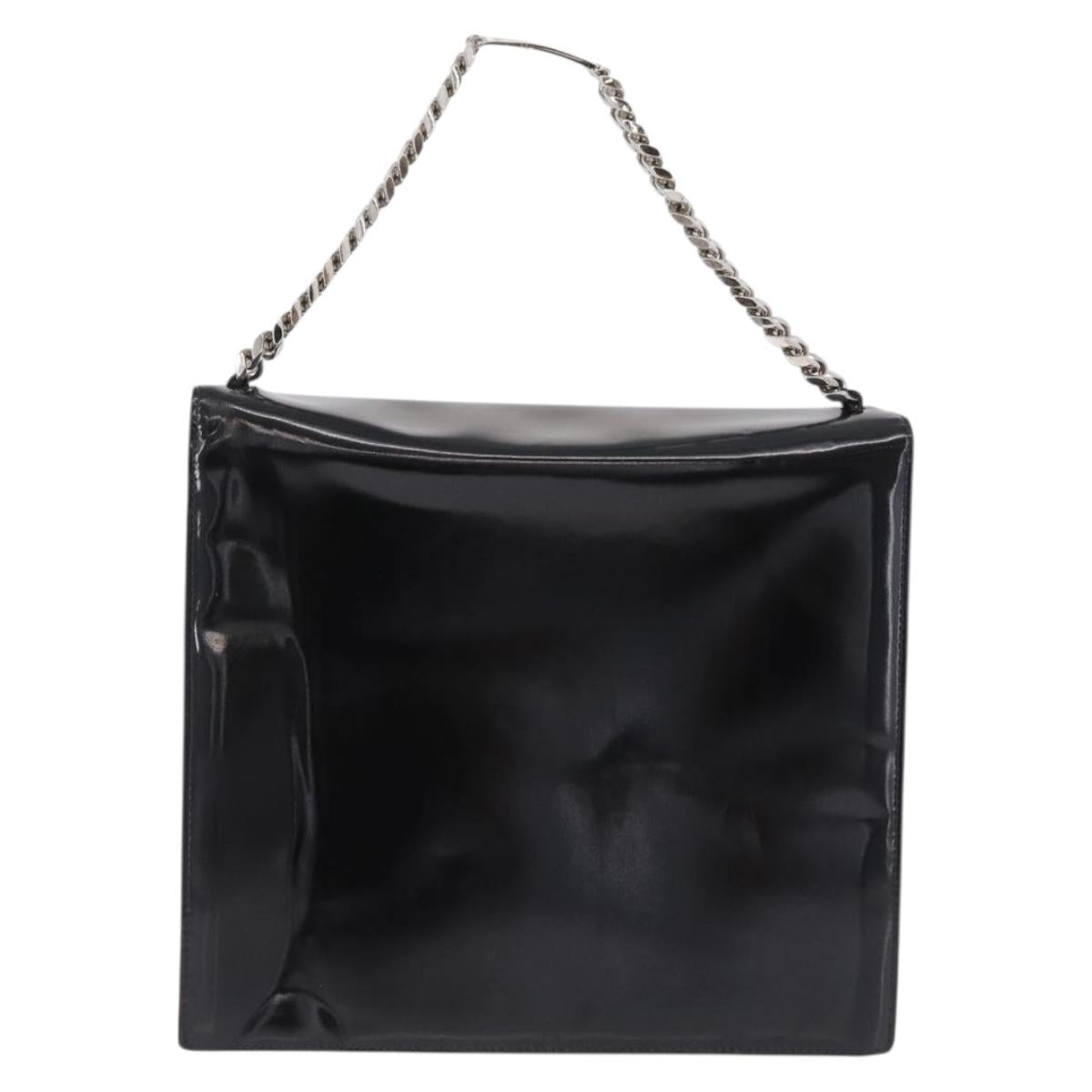 CHANEL Chain Hand Bag Patent leather Black Silver CC Auth 208219A