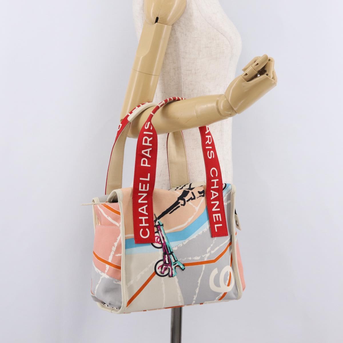 CHANEL Cruise Line Hand Bag Canvas Beige Silver CC Auth 208221A