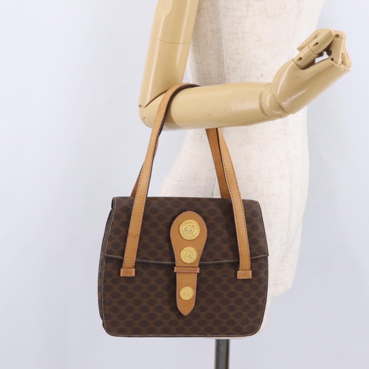 CELINE Macadam Canvas Medallion Hand Bag PVC Leather Brown Gold Auth 208236
